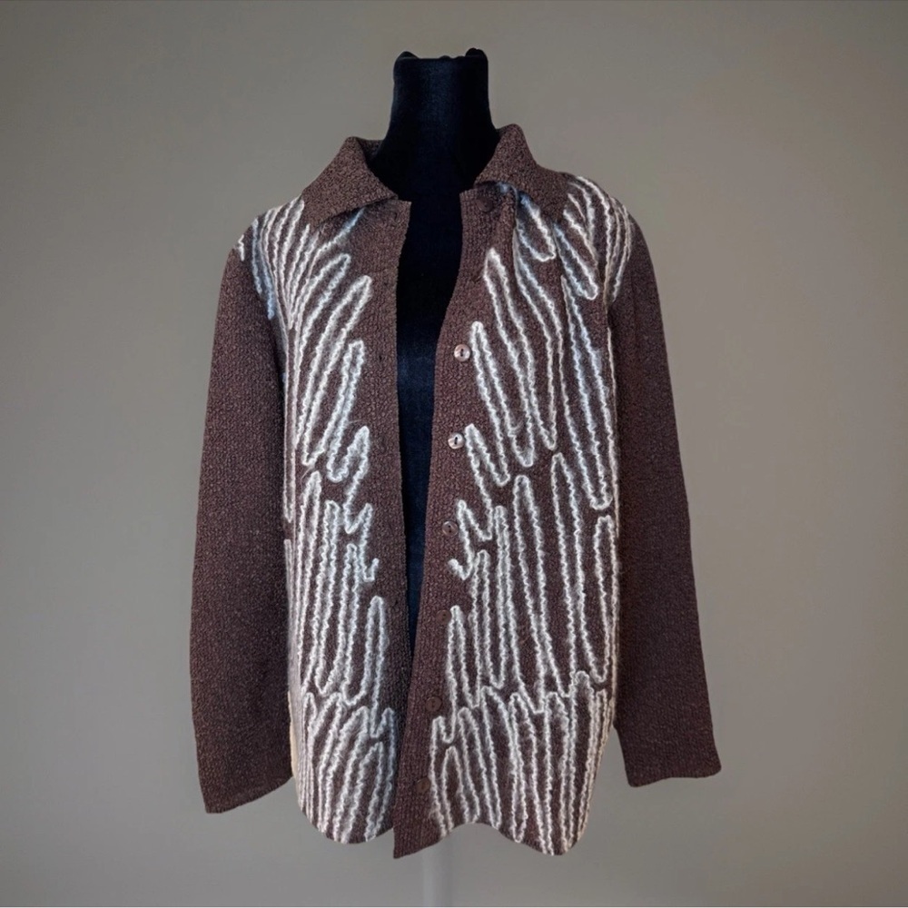 Japanese Jacket Top Sz L Brown All Over Pleats Button Up Lightweight Party Work
